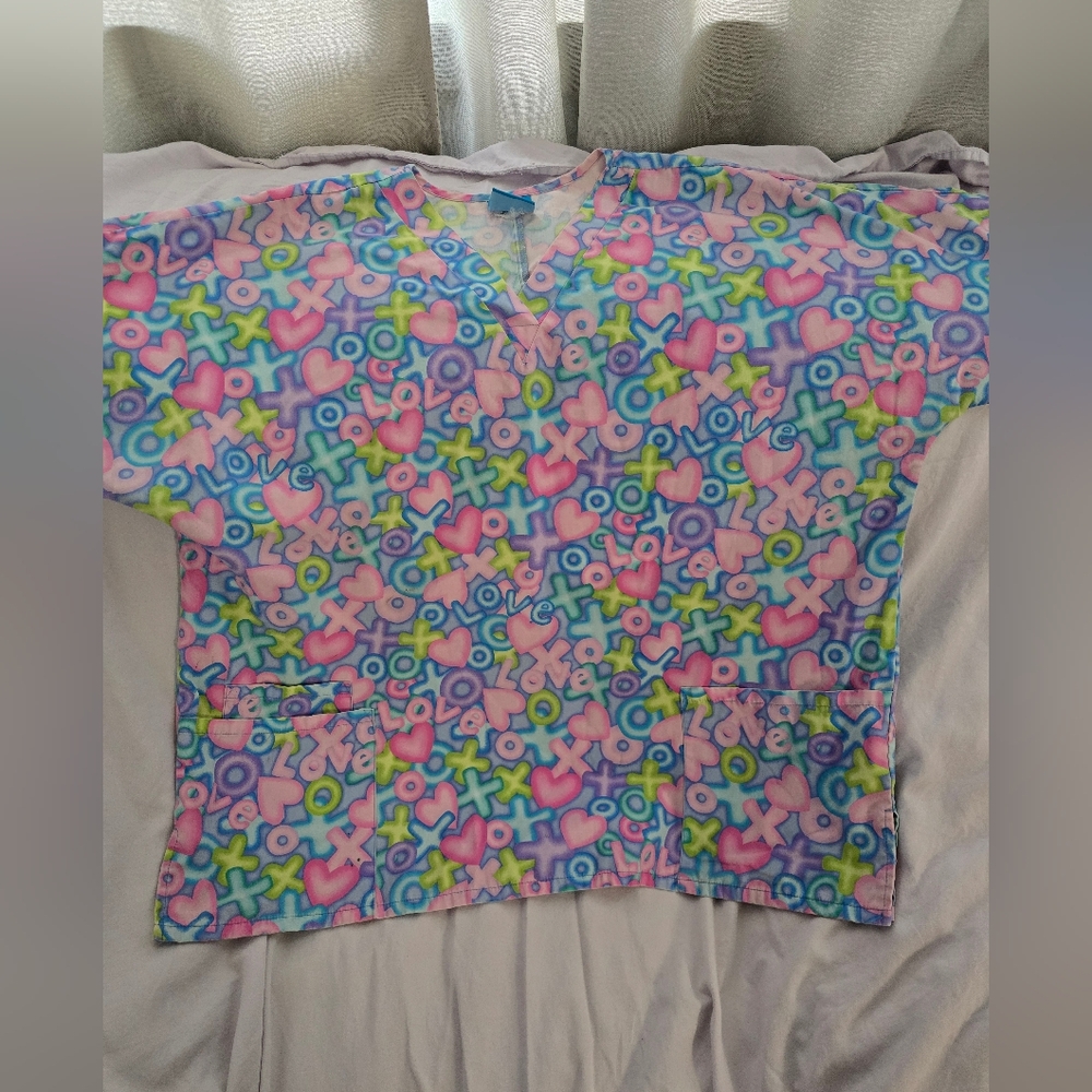 Colorful Heart and XO Patterned Scrub Top